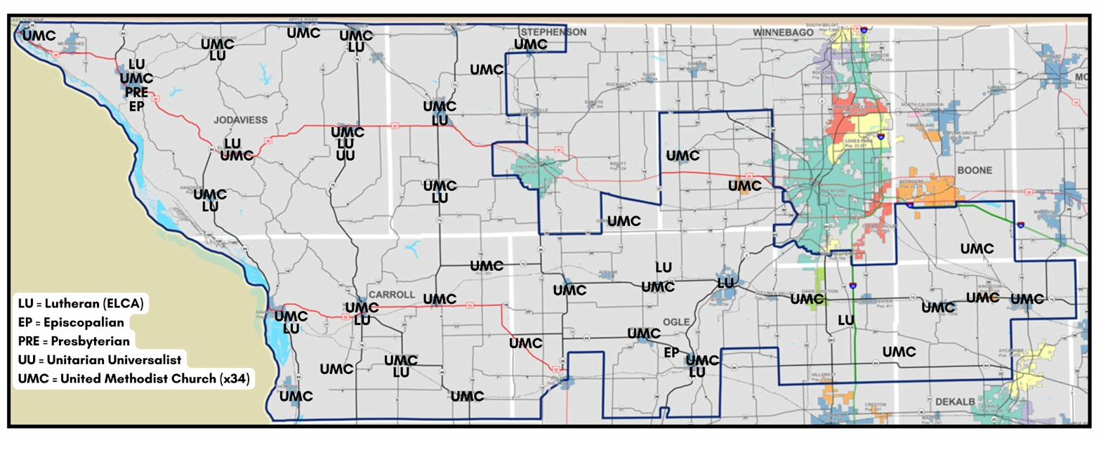Map of 34 United Methodist Churches and other congregations across Illinois House District 89
