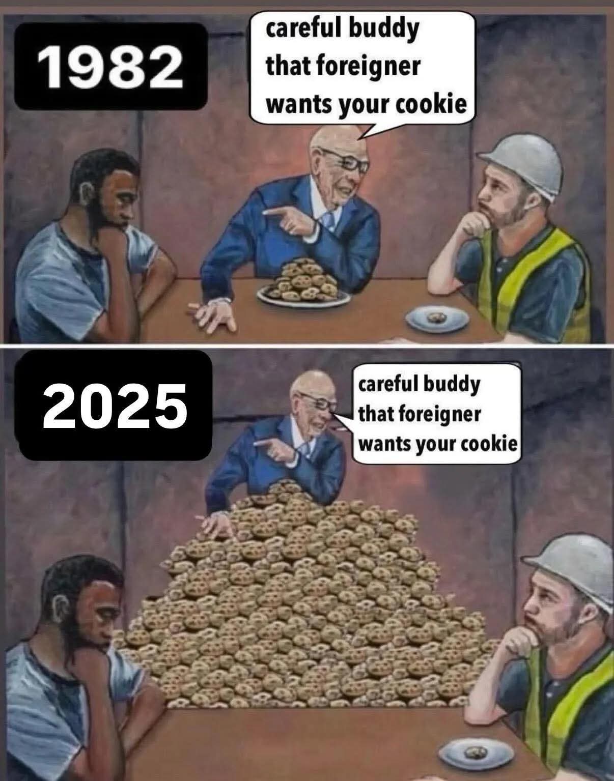 The oldest trick in the book — 1982 vs 2025 — the pile of cookies grows while the same lie keeps working