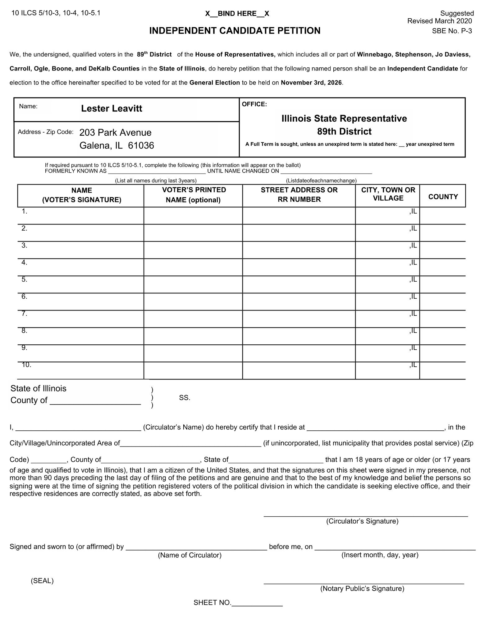 Independent Candidate Petition — Illinois House District 89
